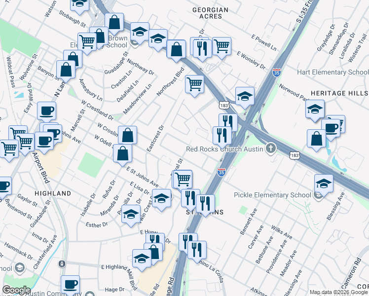 map of restaurants, bars, coffee shops, grocery stores, and more near 409 Delmar Avenue in Austin