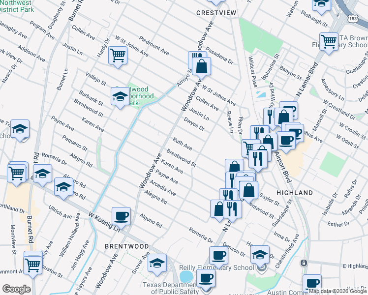 map of restaurants, bars, coffee shops, grocery stores, and more near 1213 Ruth Avenue in Austin