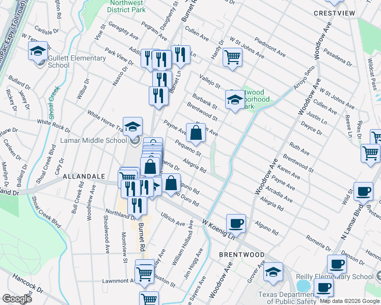 map of restaurants, bars, coffee shops, grocery stores, and more near 1906 Pequeno Street in Austin