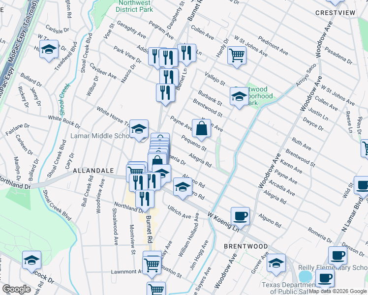 map of restaurants, bars, coffee shops, grocery stores, and more near 2004 Alegria Road in Austin