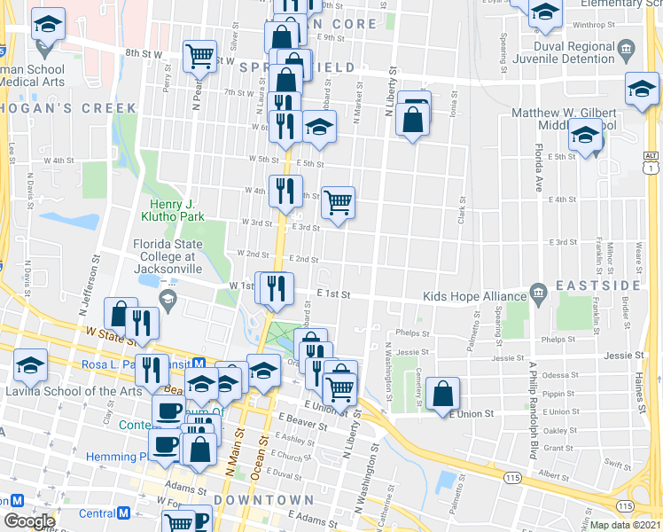 map of restaurants, bars, coffee shops, grocery stores, and more near 130 East 2nd Street in Jacksonville