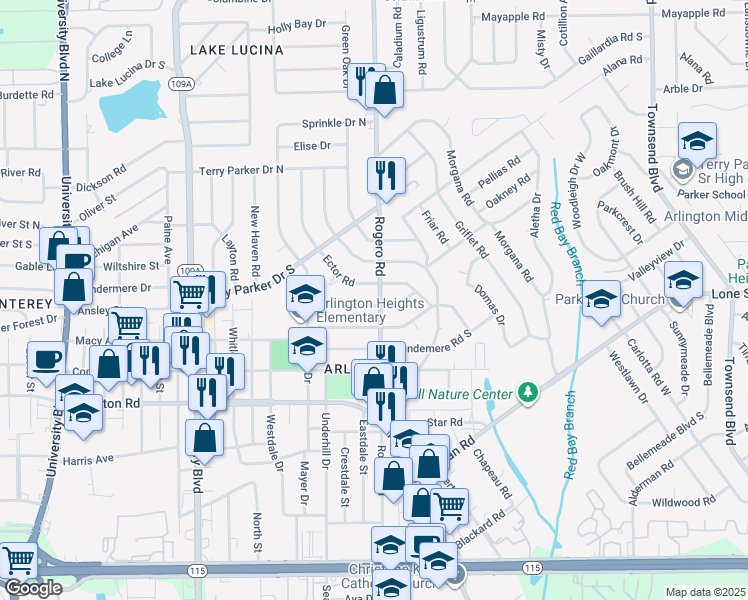 map of restaurants, bars, coffee shops, grocery stores, and more near 6653 Ector Place in Jacksonville