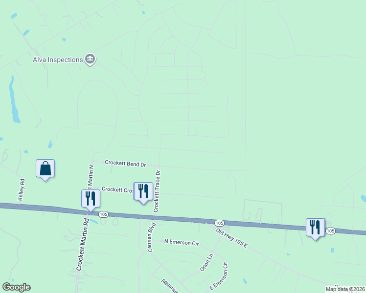 map of restaurants, bars, coffee shops, grocery stores, and more near 16397 Ryan Guinn Way in Conroe