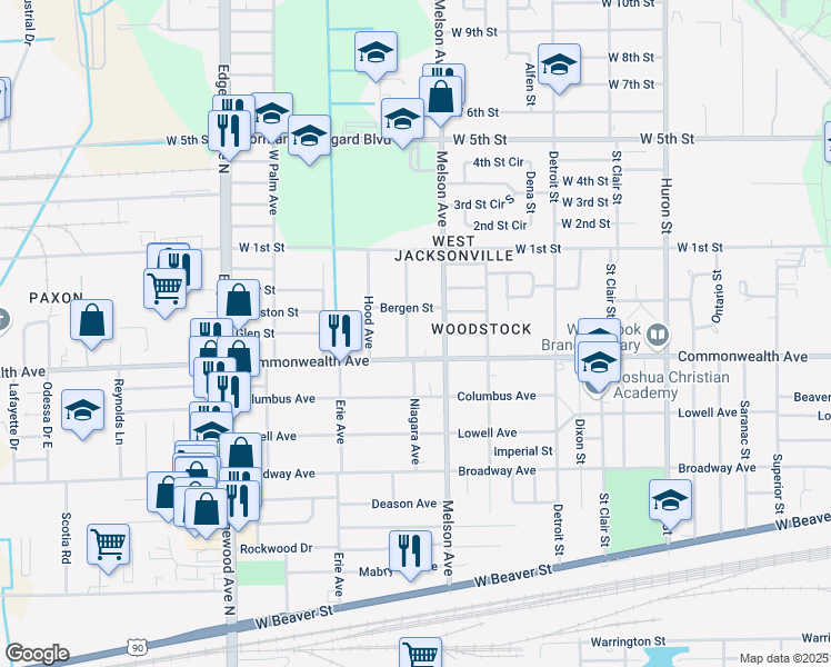 map of restaurants, bars, coffee shops, grocery stores, and more near 1021 Woodstock Avenue in Jacksonville