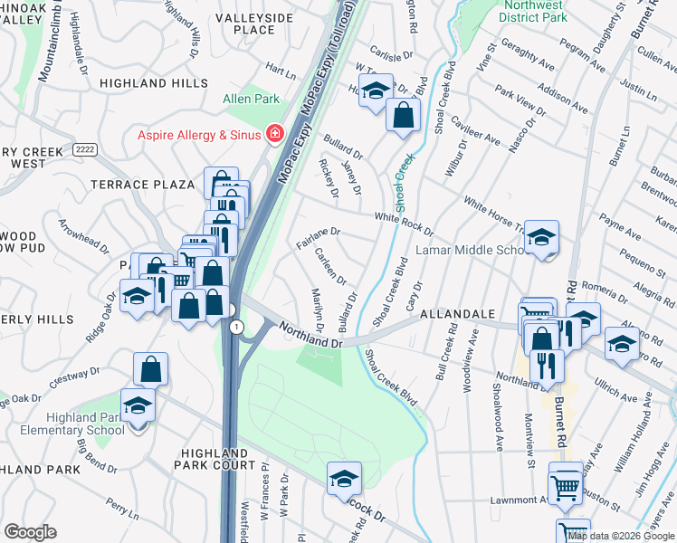 map of restaurants, bars, coffee shops, grocery stores, and more near 5907 Carleen Drive in Austin
