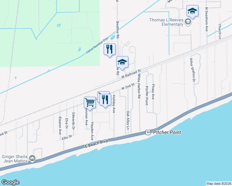map of restaurants, bars, coffee shops, grocery stores, and more near 162 Holiday Avenue in Pass Christian