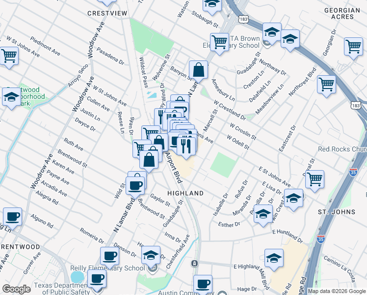 map of restaurants, bars, coffee shops, grocery stores, and more near 6929 Airport Boulevard in Austin