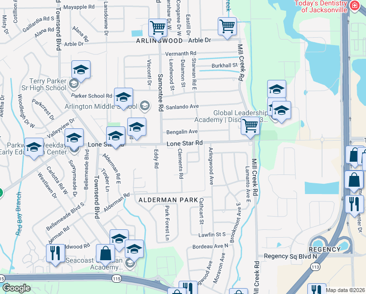 map of restaurants, bars, coffee shops, grocery stores, and more near 8340 Lone Star Road in Jacksonville