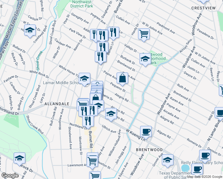 map of restaurants, bars, coffee shops, grocery stores, and more near 2004 Alegria Road in Austin