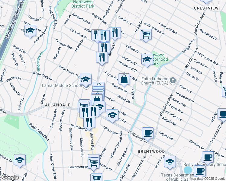 map of restaurants, bars, coffee shops, grocery stores, and more near 2004 Alegria Road in Austin