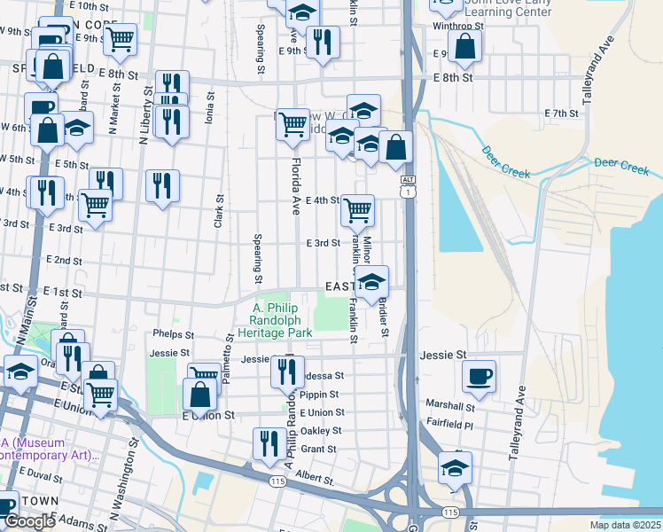 map of restaurants, bars, coffee shops, grocery stores, and more near 1142 Harrison Street in Jacksonville
