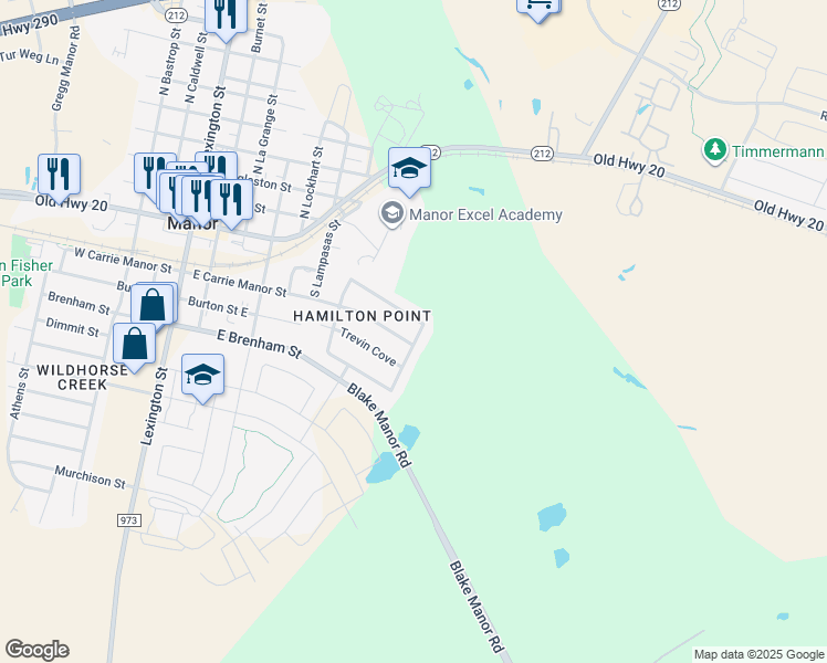 map of restaurants, bars, coffee shops, grocery stores, and more near 16908 Jaron Drive in Manor