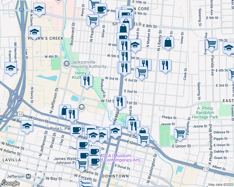 map of restaurants, bars, coffee shops, grocery stores, and more near 1148 North Main Street in Jacksonville