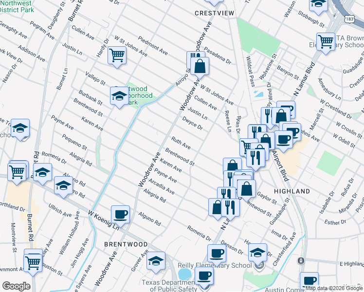 map of restaurants, bars, coffee shops, grocery stores, and more near 1213 Ruth Avenue in Austin