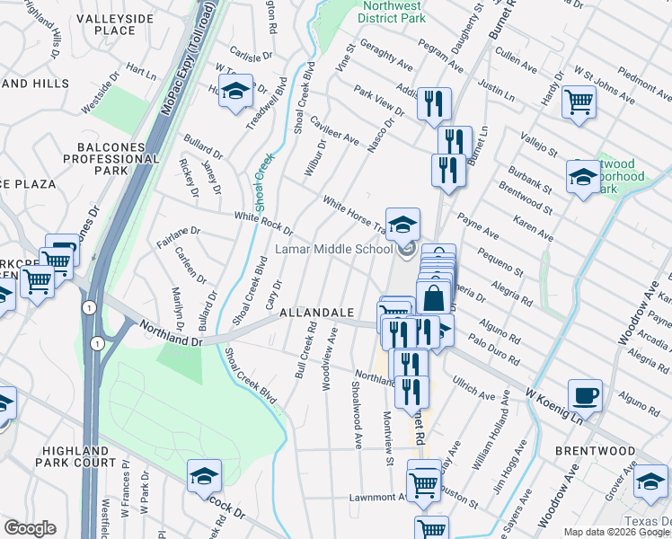 map of restaurants, bars, coffee shops, grocery stores, and more near 6005 Bull Creek Road in Austin