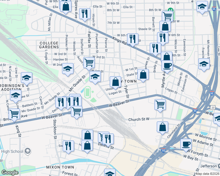 map of restaurants, bars, coffee shops, grocery stores, and more near 1629 Union Street West in Jacksonville