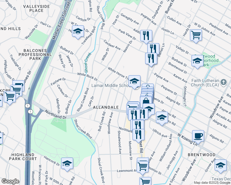 map of restaurants, bars, coffee shops, grocery stores, and more near 6008 Woodview Avenue in Austin