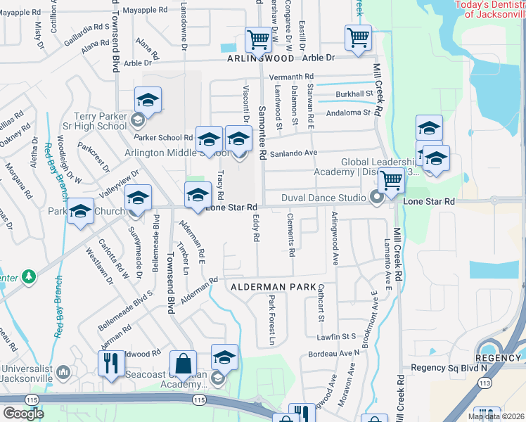 map of restaurants, bars, coffee shops, grocery stores, and more near 8232 Lone Star Road in Jacksonville
