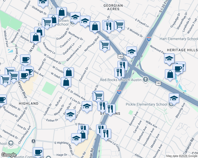 map of restaurants, bars, coffee shops, grocery stores, and more near 409 Delmar Avenue in Austin