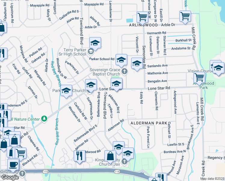 map of restaurants, bars, coffee shops, grocery stores, and more near 8016 Lone Star Road in Jacksonville