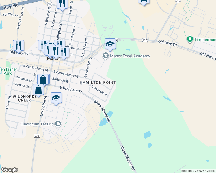 map of restaurants, bars, coffee shops, grocery stores, and more near 16908 Jaron Drive in Manor