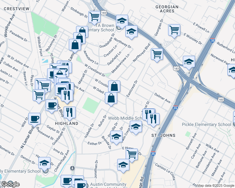 map of restaurants, bars, coffee shops, grocery stores, and more near 107 West Croslin Street in Austin