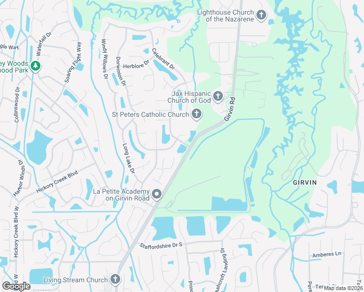 map of restaurants, bars, coffee shops, grocery stores, and more near 12655 Misty Mountain Drive East in Jacksonville