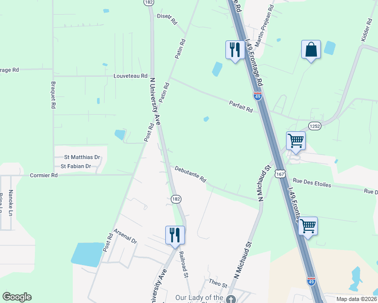 map of restaurants, bars, coffee shops, grocery stores, and more near 107 Debutante Rd in Carencro