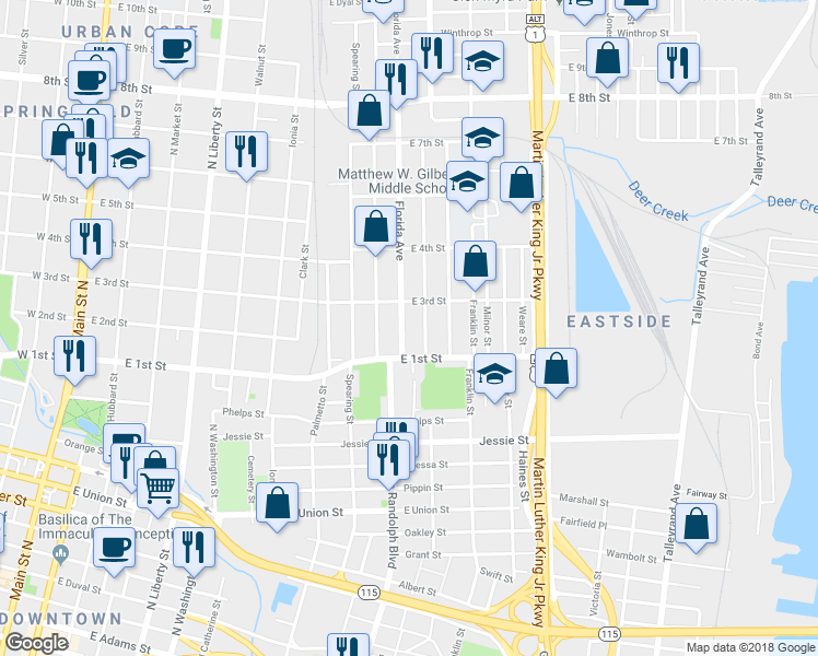 map of restaurants, bars, coffee shops, grocery stores, and more near 1147 Florida Avenue in Jacksonville
