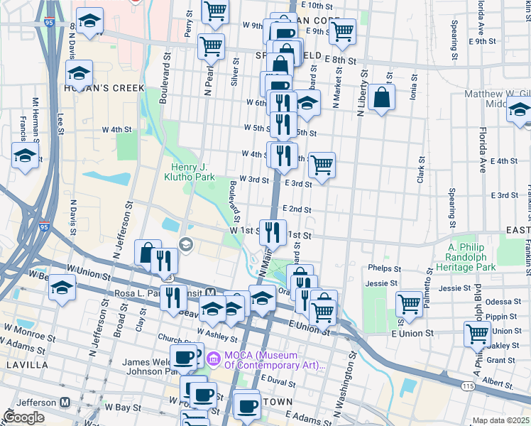 map of restaurants, bars, coffee shops, grocery stores, and more near 1148 North Main Street in Jacksonville