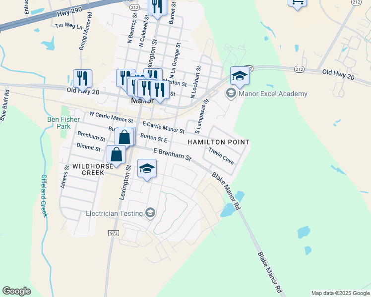 map of restaurants, bars, coffee shops, grocery stores, and more near 504 South Burnet Street in Manor