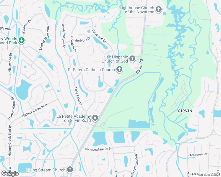map of restaurants, bars, coffee shops, grocery stores, and more near 12655 Misty Mountain Drive East in Jacksonville