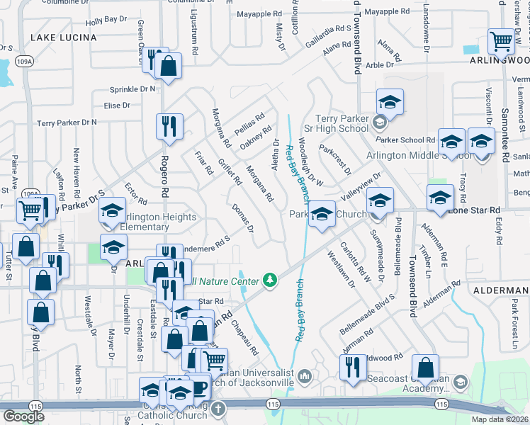 map of restaurants, bars, coffee shops, grocery stores, and more near 1400 Griflet Road in Jacksonville