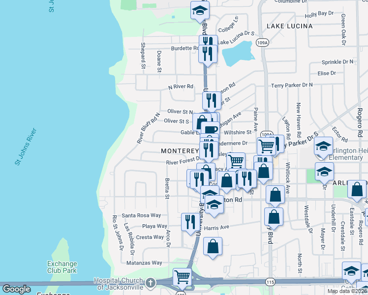 map of restaurants, bars, coffee shops, grocery stores, and more near in Jacksonville