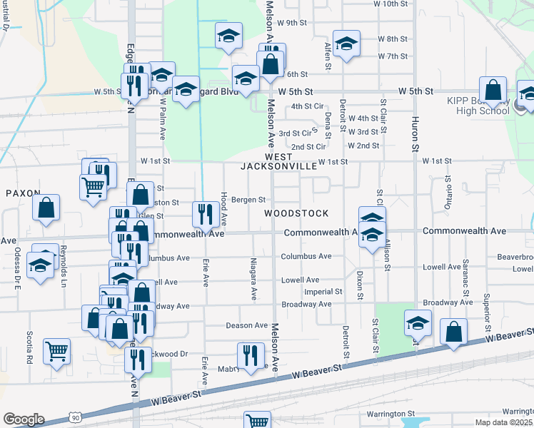 map of restaurants, bars, coffee shops, grocery stores, and more near 1026 Melson Avenue in Jacksonville