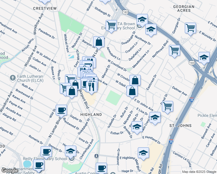 map of restaurants, bars, coffee shops, grocery stores, and more near 513 West Saint Johns Avenue in Austin