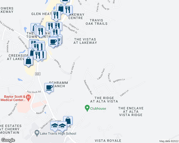 map of restaurants, bars, coffee shops, grocery stores, and more near 150 Lakota Pass in Lakeway