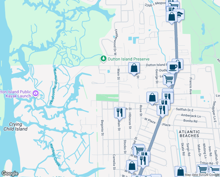 map of restaurants, bars, coffee shops, grocery stores, and more near 710 Kestner Road in Atlantic Beach