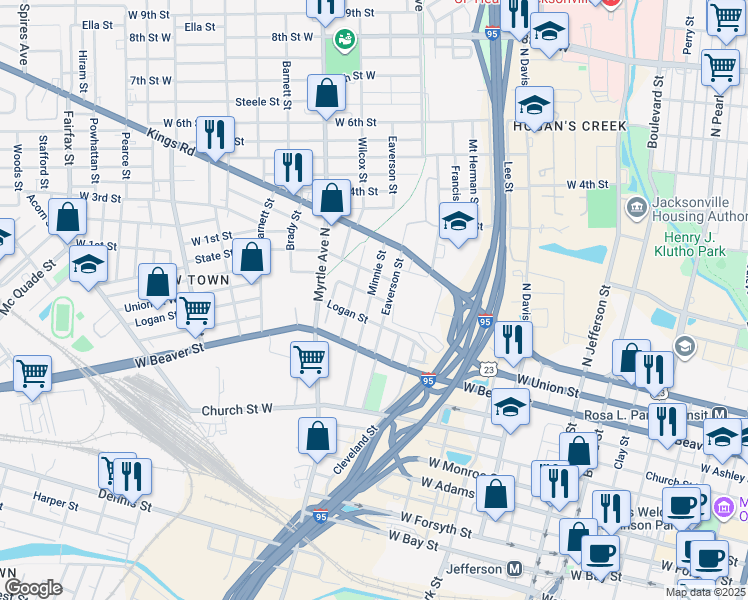 map of restaurants, bars, coffee shops, grocery stores, and more near 835 Minnie Street in Jacksonville