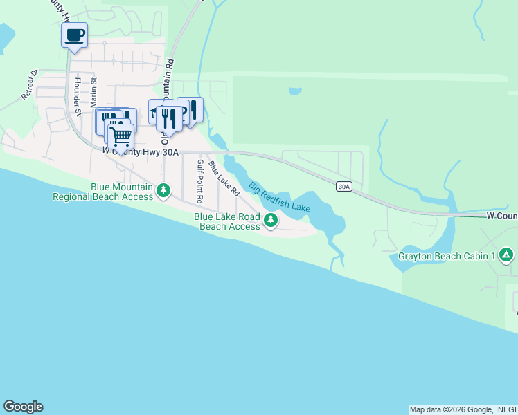 map of restaurants, bars, coffee shops, grocery stores, and more near 303 Blue Lake Road in Santa Rosa Beach