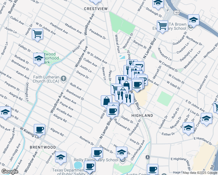 map of restaurants, bars, coffee shops, grocery stores, and more near 1001 Justin Lane in Austin