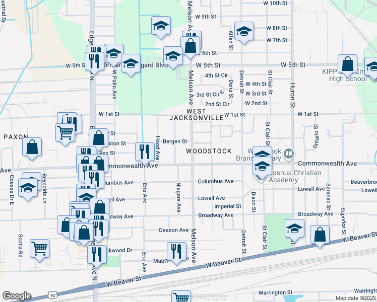 map of restaurants, bars, coffee shops, grocery stores, and more near 1026 Melson Avenue in Jacksonville