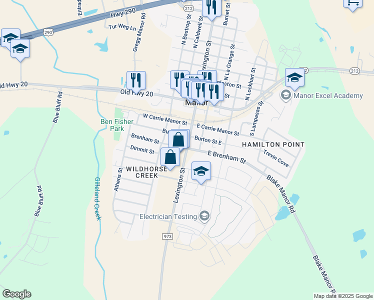map of restaurants, bars, coffee shops, grocery stores, and more near 12498 Farm to Market 973 in Manor