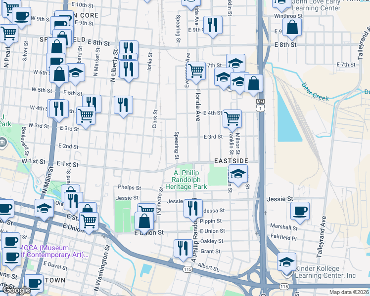 map of restaurants, bars, coffee shops, grocery stores, and more near 1120 Evergreen Ave in Jacksonville