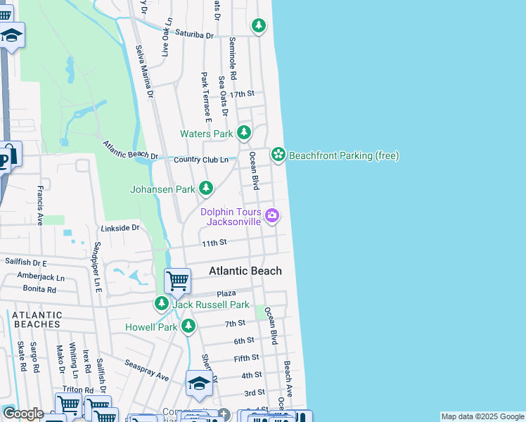 map of restaurants, bars, coffee shops, grocery stores, and more near 1241 Ocean Boulevard in Atlantic Beach