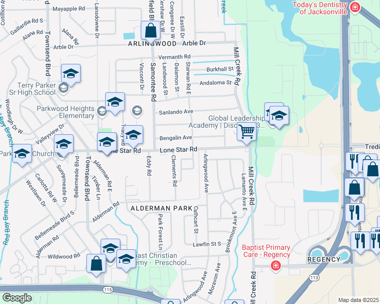 map of restaurants, bars, coffee shops, grocery stores, and more near 8412 Lone Star Road in Jacksonville