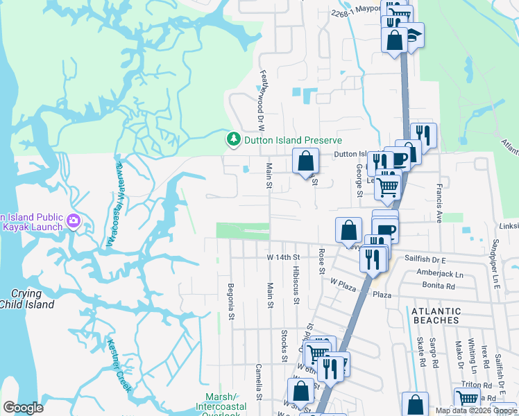 map of restaurants, bars, coffee shops, grocery stores, and more near 710 Kestner Road in Atlantic Beach