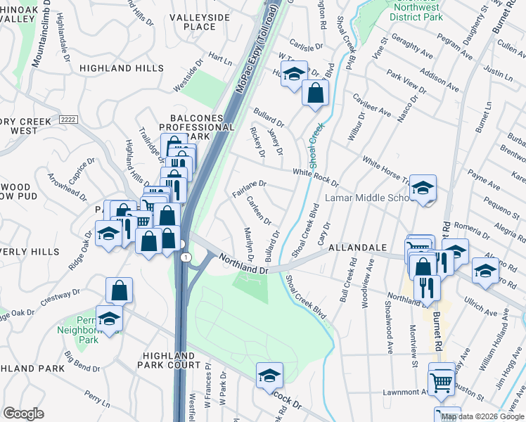 map of restaurants, bars, coffee shops, grocery stores, and more near 5909 Carleen Drive in Austin