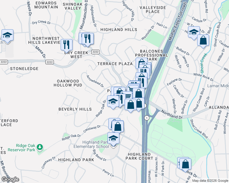 map of restaurants, bars, coffee shops, grocery stores, and more near 5501 Ridge Oak Drive in Austin