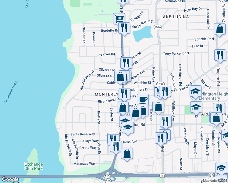 map of restaurants, bars, coffee shops, grocery stores, and more near 5548 Windermere Drive in Jacksonville